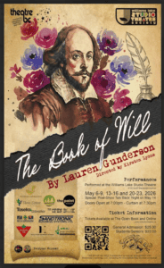 The poster for the show The Book of Will, with a painting of Will Shakespeare surrounded by flowers and a quill.